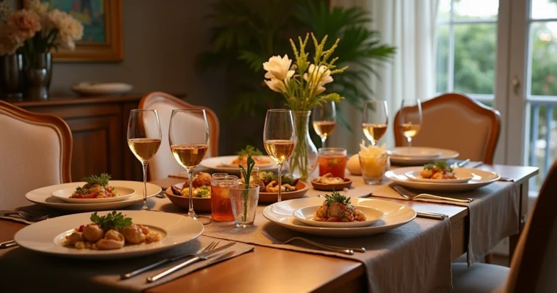 Mesa de jantar decorada para reunião gastronômica em casa com pratos, copos e iluminação aconchegante