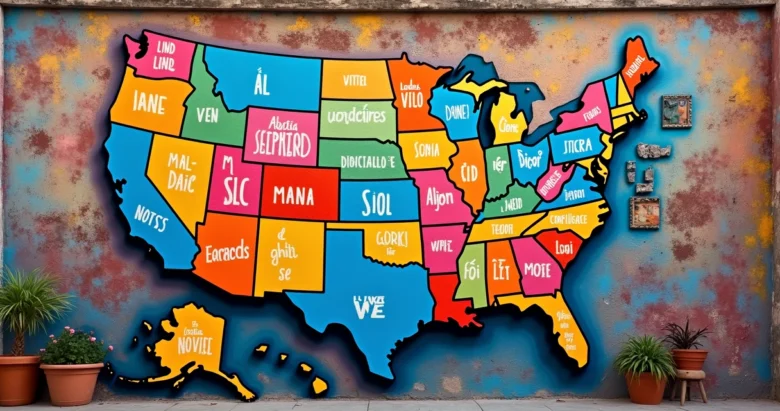Mural colorido com palavras e imagens que representam curiosidades culturais e sociais dos Estados Unidos