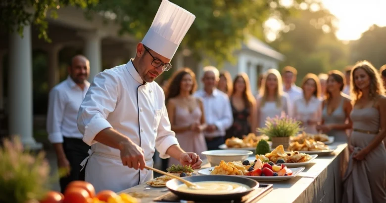 Chef preparando crepes ao vivo em evento com bancada equipada e convidados ao fundo