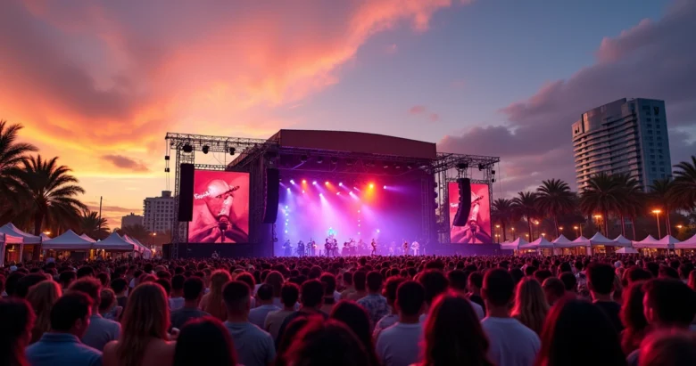 Palco iluminado em show ao vivo com público animado em casa de shows moderna