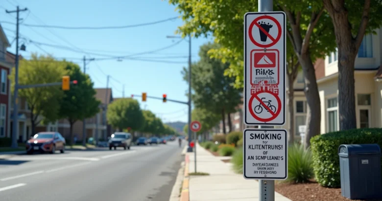 Placas de sinalização urbana típicas dos EUA detalhando regras de convivência em área pública