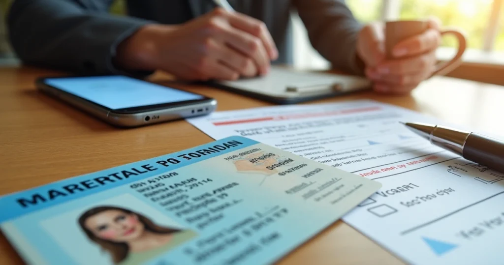 Carteira de motorista americana sobre a mesa com caneta e documentos de trânsito ao lado, mostrando detalhes do sistema de pontos em carta de condução dos EUA