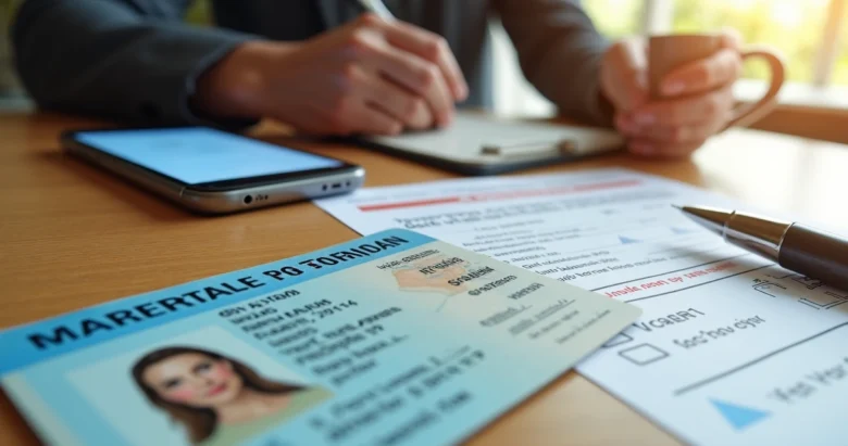 Carteira de motorista americana sobre a mesa com caneta e documentos de trânsito ao lado, mostrando detalhes do sistema de pontos em carta de condução dos EUA