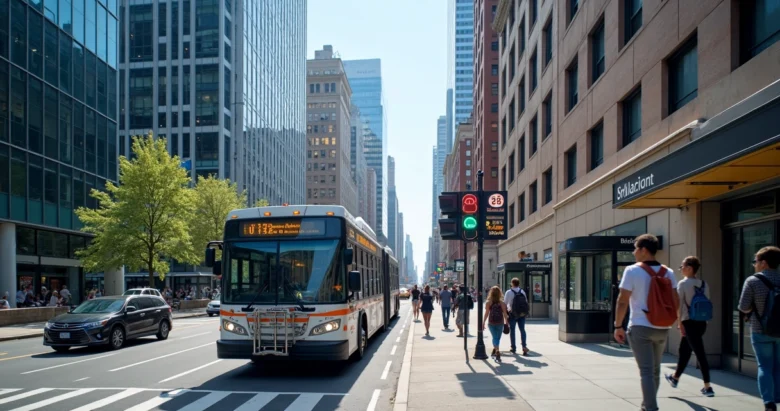 Ônibus e metrô urbanos em uma grande cidade americana durante o dia