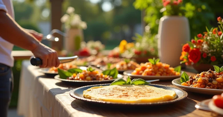 Mesa de buffet ao ar livre com diversas opções gastronômicas coloridas e variadas, crepes sendo preparados ao vivo, pratos com opções tradicionais e alternativas para dietas especiais, decoração festiva com elementos florais e ambiente ensolarado em Orlando