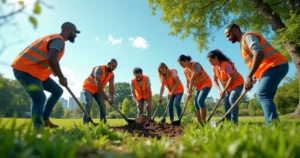 Voluntários colaborando em parque americano, com árvores e céu azul ao fundo